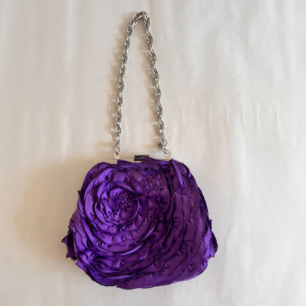 WHBM Womens Rosette Floral Evening Purse 3D Purple Chain Event Wedding Handbag - Picture 2 of 12
